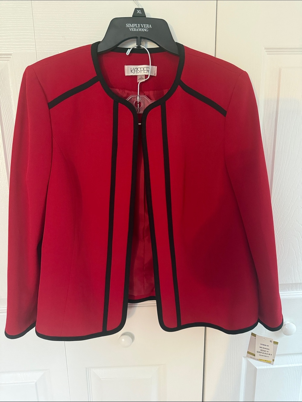 NWT Kasper Fire Red Open-Front Blazer with Black Trim Size 16